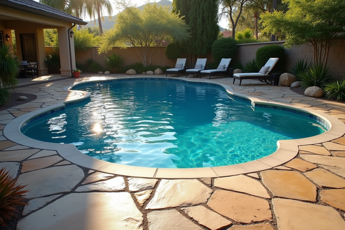 Espace piscine avec pavés en pierre naturelle et soleil matin