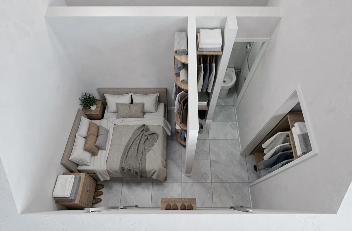 Vue aérienne d'une suite parentale de 15m2 avec zonage intelligent entre espace nuit, dressing et accès salle de bain