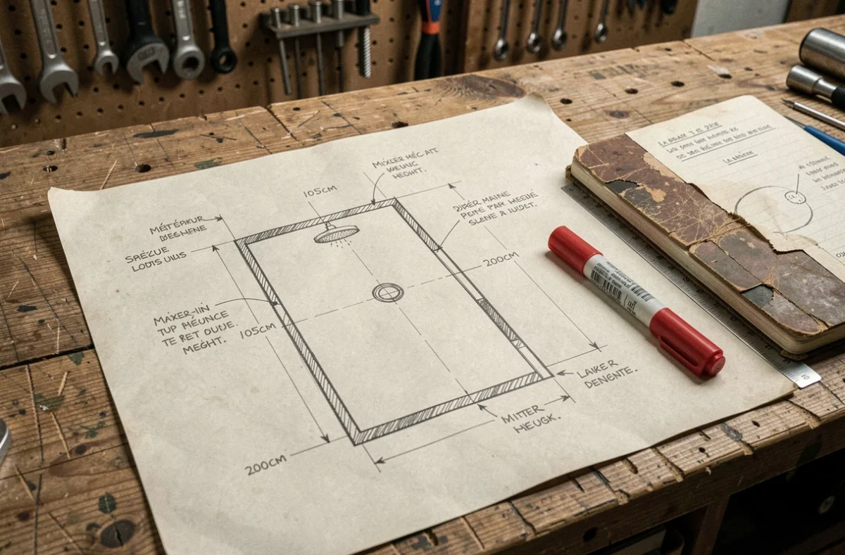 Plan technique annoté à la main indiquant les hauteurs de pose d'un mitigeur et d'une douchette dans une douche à l'italienne