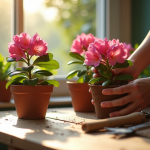 Mains de jardinier plantant des rhododendrons en pot dans une lumière naturelle