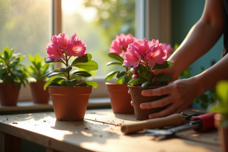Mains de jardinier plantant des rhododendrons en pot dans une lumière naturelle