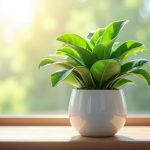Plante jade verte dans un pot blanc lumineux près d'une fenêtre