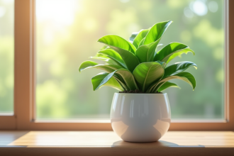 Plante jade verte dans un pot blanc lumineux près d'une fenêtre