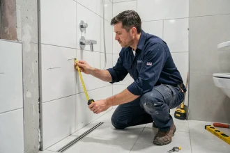 Plombier professionnel mesurant la hauteur d'installation d'un mitigeur de douche dans une douche à l'italienne en cours de rénovation