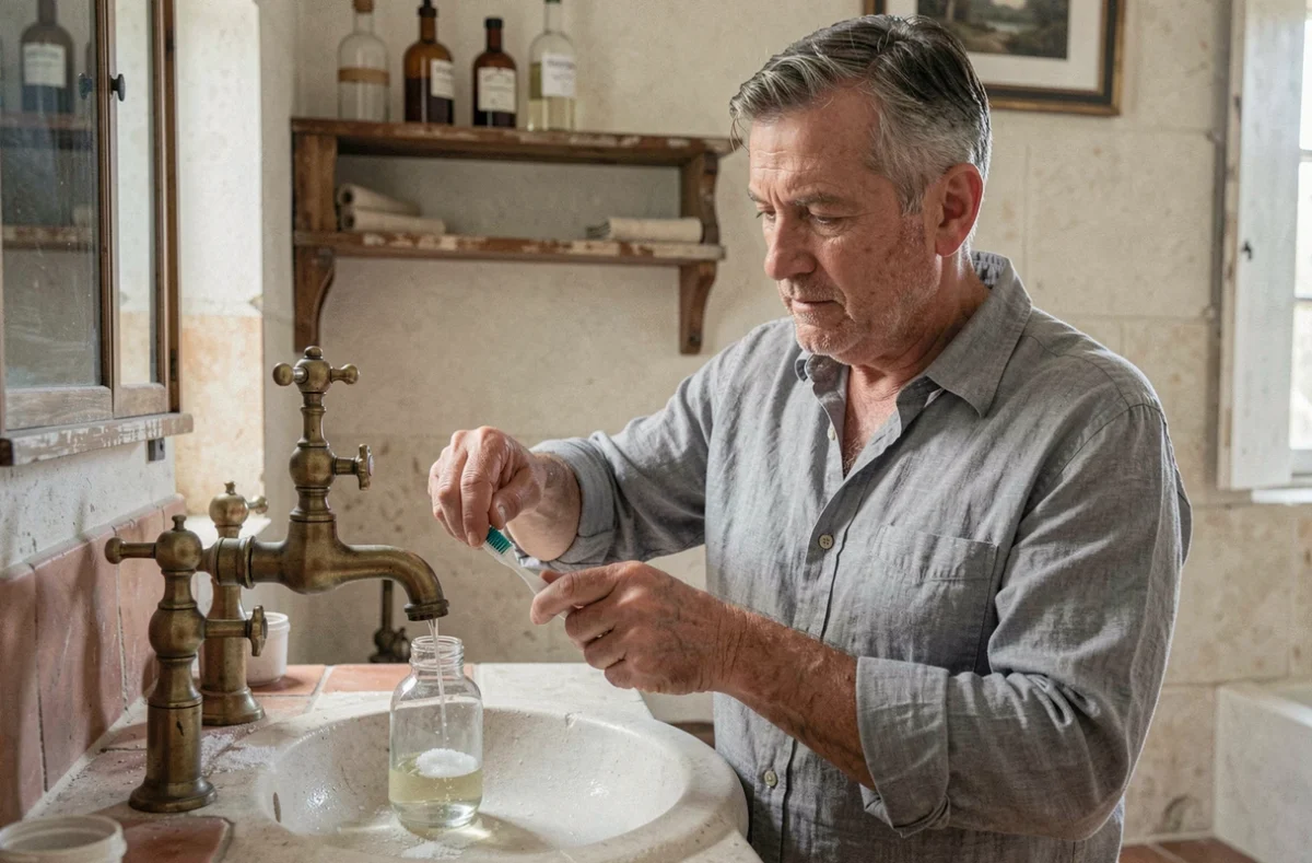Homme qui polit un robinet ancien en laiton avec une brosse à dents et un mélange maison vinaigre et sel dans une salle de bain vintage