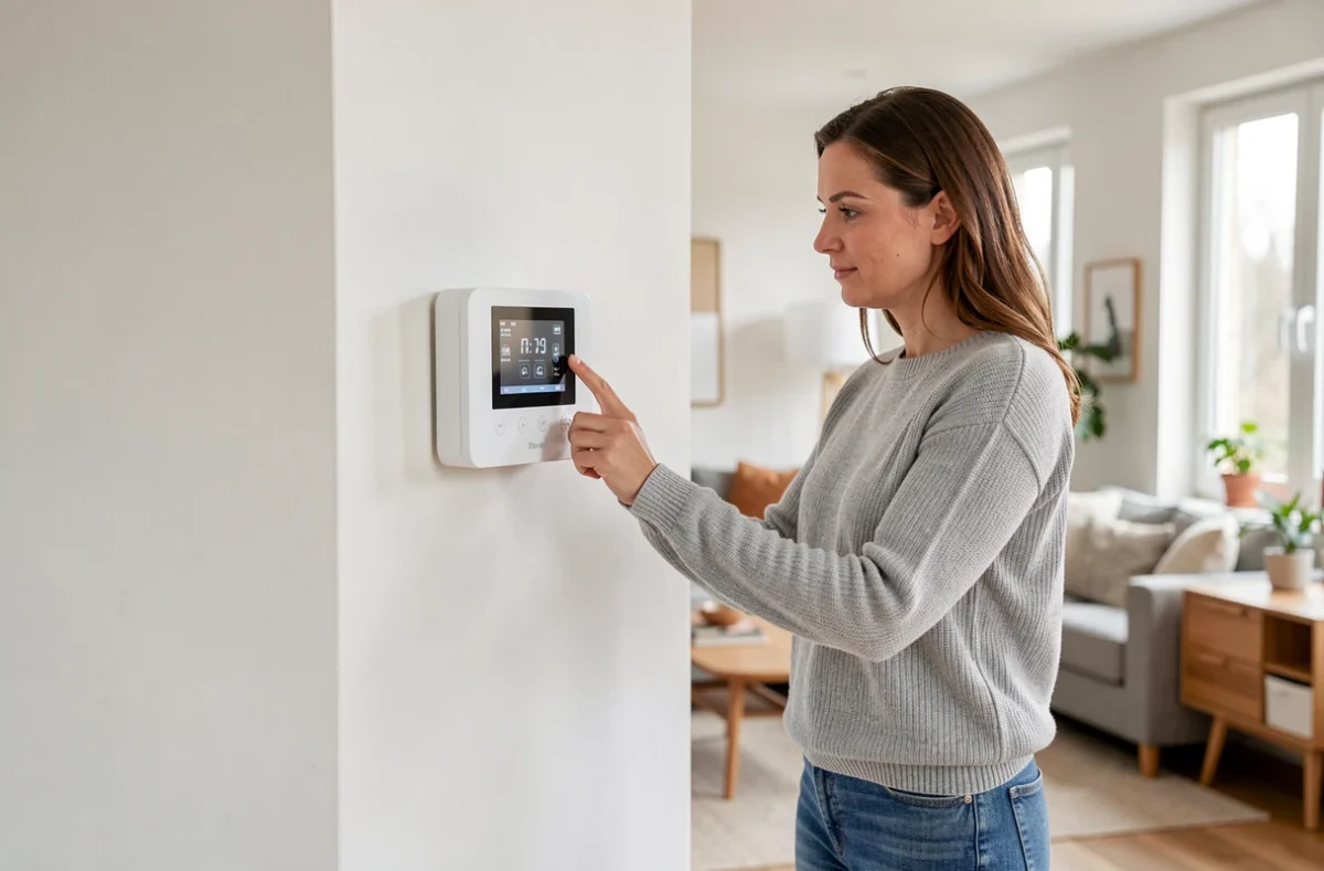 Femme réglant le thermostat d'une pompe à chaleur murale dans un salon moderne et épuré