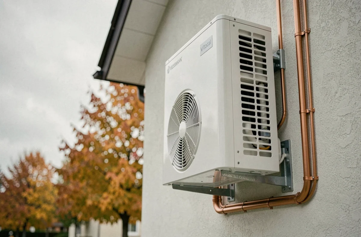 Pompe à chaleur Viessmann Vitocal installée sur un mur extérieur de maison contemporaine avec tuyaux apparents