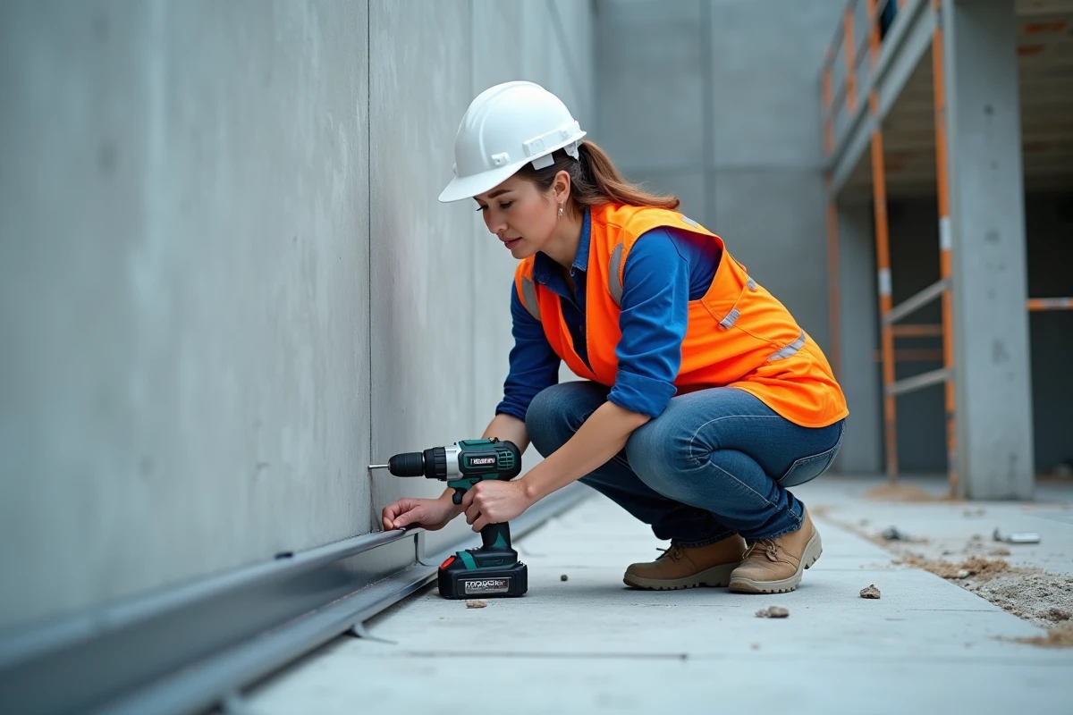 Femme sur un chantier posant une cornière en aluminium le long d'un mur avec une visseuse sans fil