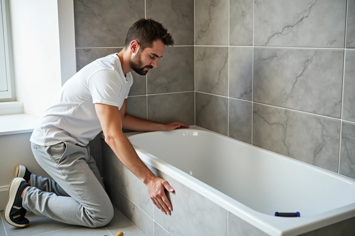 Personne posant une dalle murale PVC imitation carrelage pierre grise dans une salle de bain en cours de rénovation, installation facile en autonomie