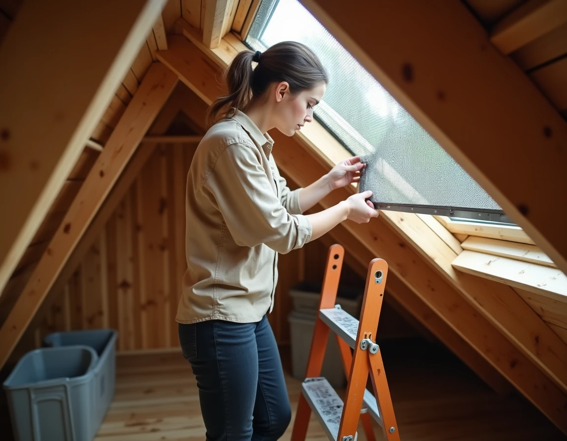 Femme installant un grillage de protection anti-fouine dans les combles d'une maison individuelle pour prévenir les intrusions