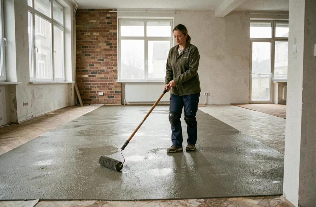 Femme utilisant un rouleau à picots pour débuller un ragréage autonivelant dans un appartement en rénovation