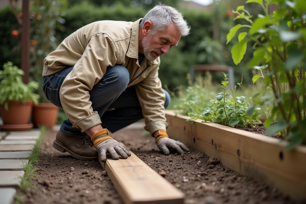 Homme posant une traverse de chemin de fer recyclée pour créer un potager surélevé