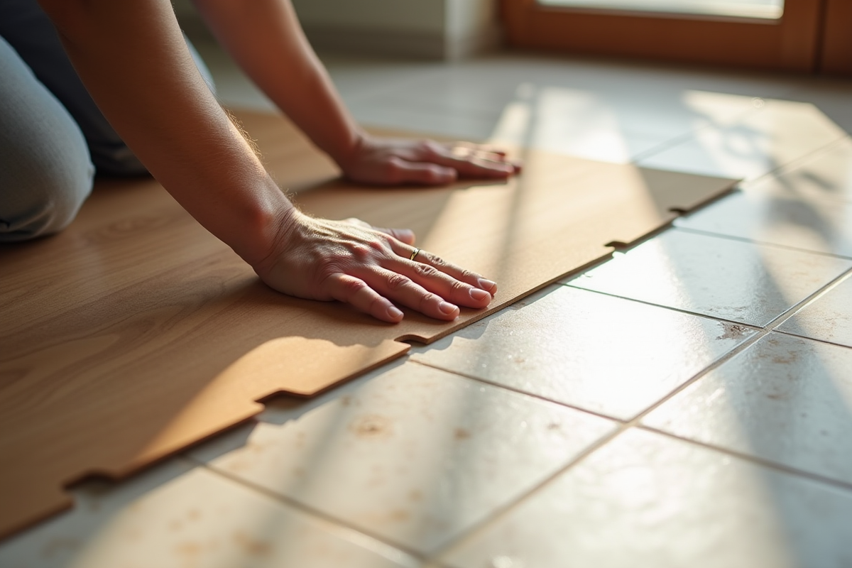 Mains appliquant du vinyle adhésif imitation bois sur carrelage