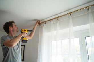 Personne fixant une tringle moderne au plafond lumineux