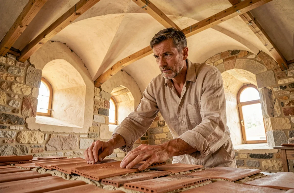 Un maçon traditionnel de Projet Ariane posant des tuiles en terre cuite sur une voûte en pierre dans un bâtiment patrimonial en restauration