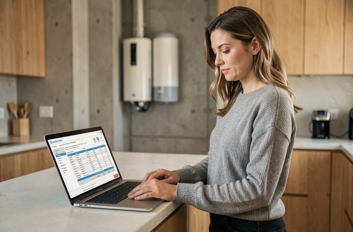 Propriétaire analysant les tarifs d'installation d'une pompe à chaleur Viessmann sur son ordinateur portable