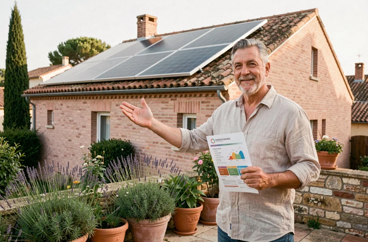 Propriétaire toulousain devant sa maison en brique rose avec des panneaux solaires installés sur le toit