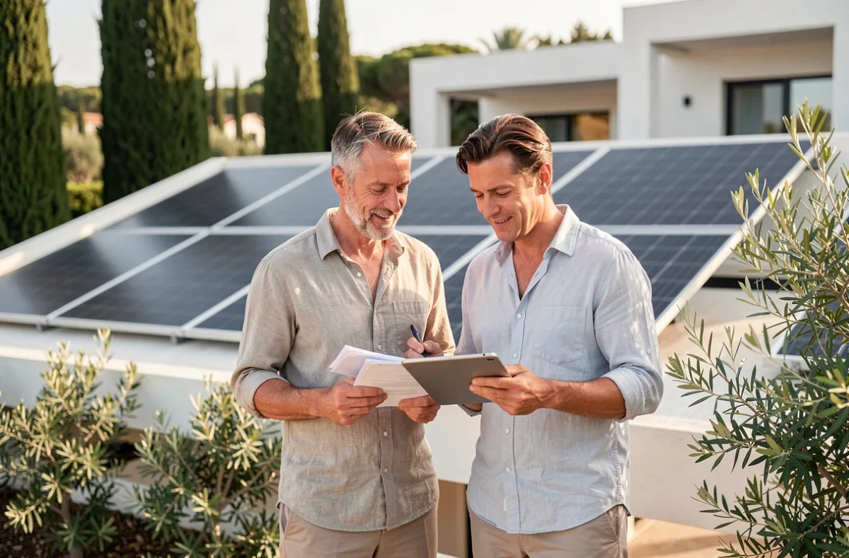 Couple de propriétaires devant des panneaux solaires installés sur leur villa à Nice