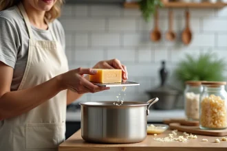 Femme râpant du savon naturel au-dessus d'une casserole pour fabriquer des pastilles de lessive maison