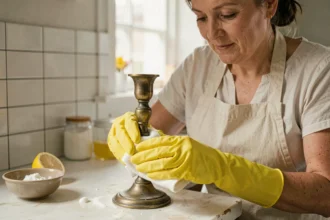 Femme qui frotte un chandelier en laiton terni avec un chiffon et une pâte maison à base de citron et bicarbonate dans une cuisine rustique