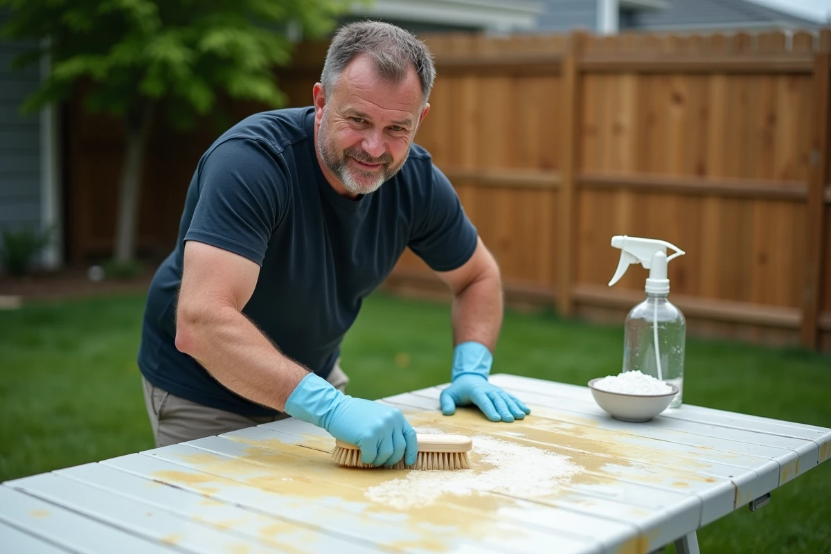 Homme récurant une table en plastique jaunie avec une pâte de bicarbonate de soude dans un jardin