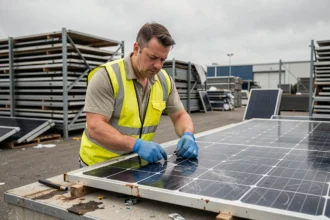 Technicien démontant un panneau solaire usagé dans un centre de recyclage industriel