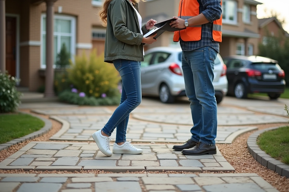 Femme discutant plans de rénovation devant une allée en béton désactivé