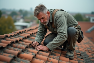 Ouvrier couvreur en action sur un toit ancien en fibrociment