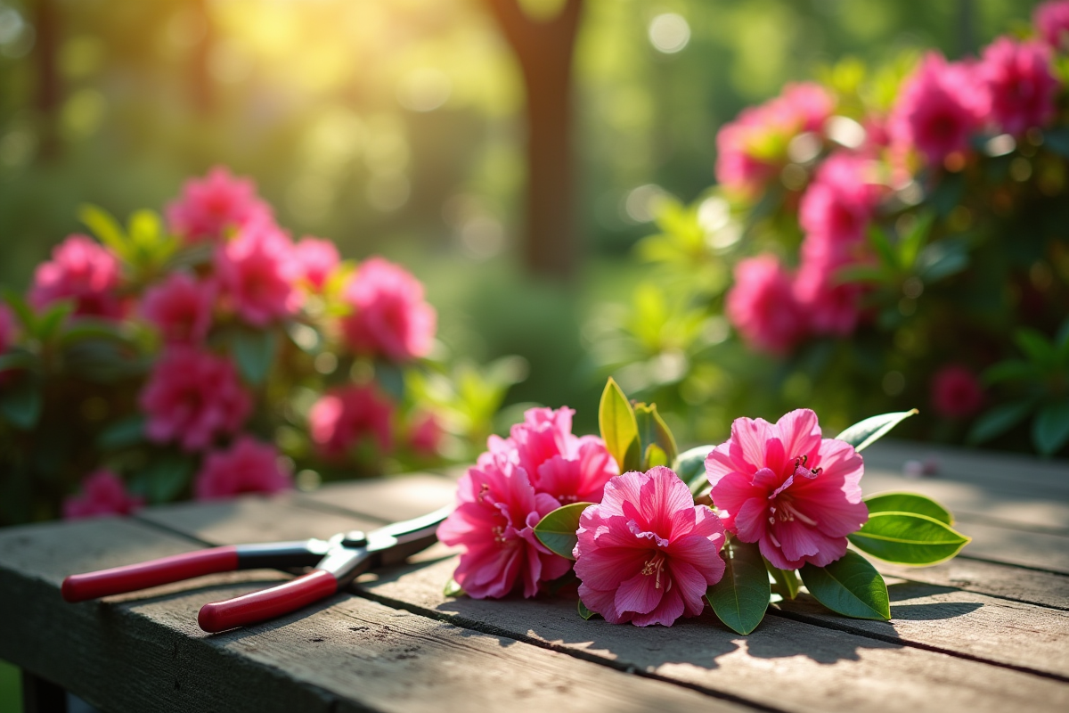 Rhododendrons taillés sur une table de jardin en plein air ensoleillé