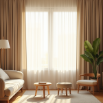 Rideaux beige élégants dans un salon scandinave chaleureux