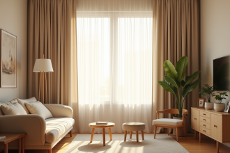 Rideaux beige élégants dans un salon scandinave chaleureux
