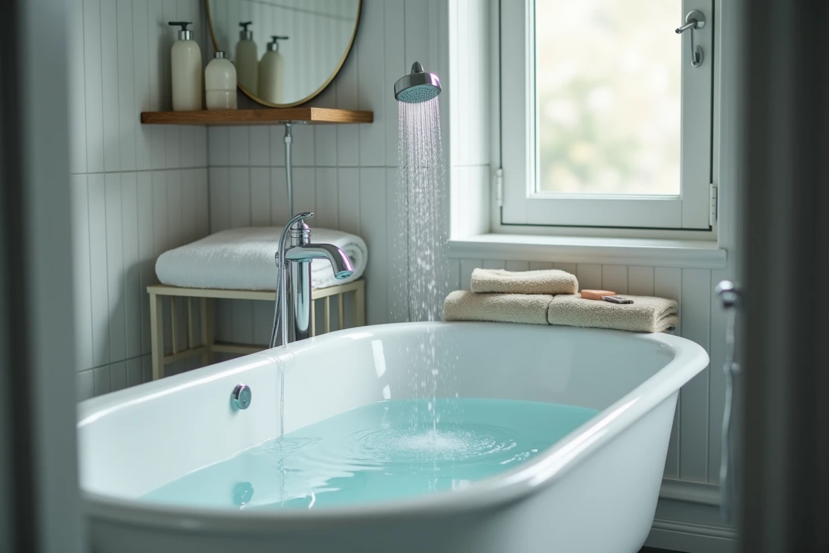 Salle de bain familiale avec baignoire en cours de remplissage et douche illustrant la consommation quotidienne d'eau