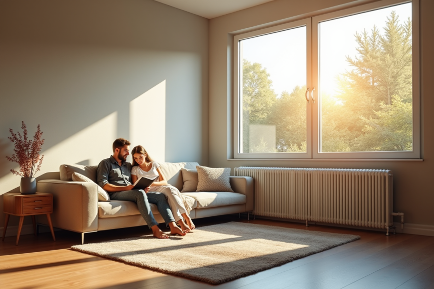 Salon moderne avec chauffage efficace sous la fenêtre