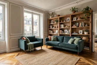 Salon parisien réaménagé avec un canapé en velours bleu sarcelle, une bibliothèque en chêne et un parquet en point de Hongrie, révélant le potentiel décoratif d'un espace intérieur
