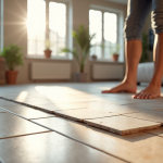 Salon moderne avec sol en vinyle posé sur carrelage beige
