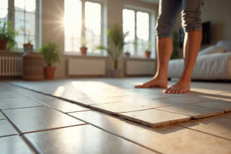 Salon moderne avec sol en vinyle posé sur carrelage beige