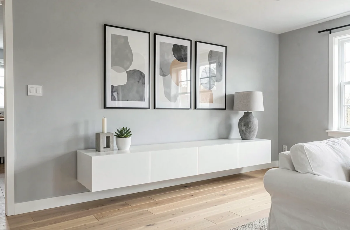Salon scandinave gris et blanc avec meuble TV blanc, galerie de cadres noirs et parquet chêne clair pour une déco épurée et chaleureuse