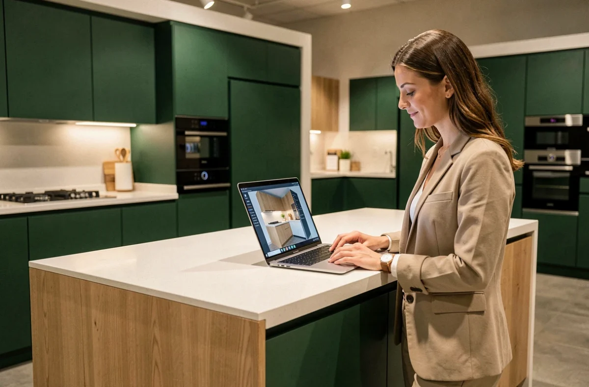 Cuisiniste Schmidt à Saint-Brieuc présentant une simulation de cuisine vert forêt et chêne à un client sur ordinateur portable
