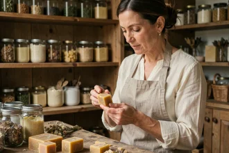 Artisane inspectant un bloc de cire d'abeille bio dans un atelier de fabrication de bougies naturelles