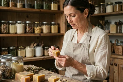 Artisane inspectant un bloc de cire d'abeille bio dans un atelier de fabrication de bougies naturelles