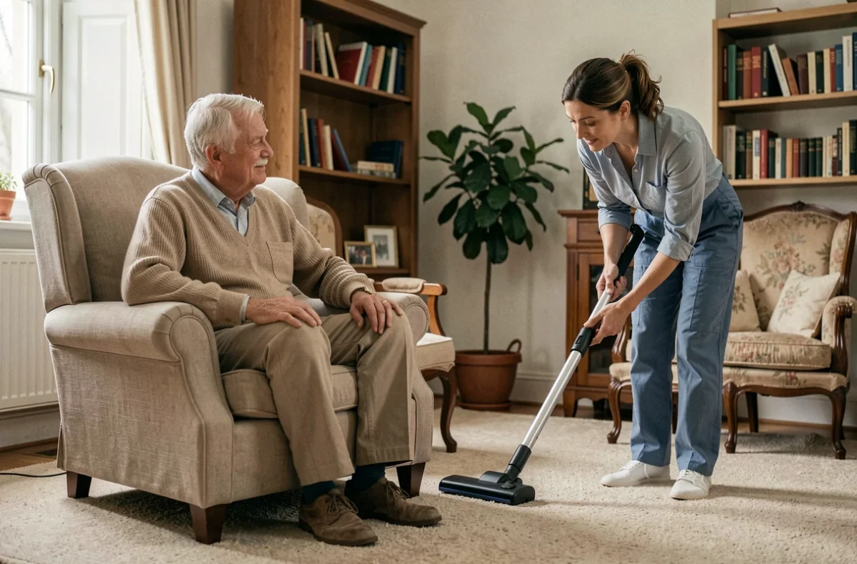 Senior à domicile accompagné par une aide ménagère passant l'aspirateur dans le salon