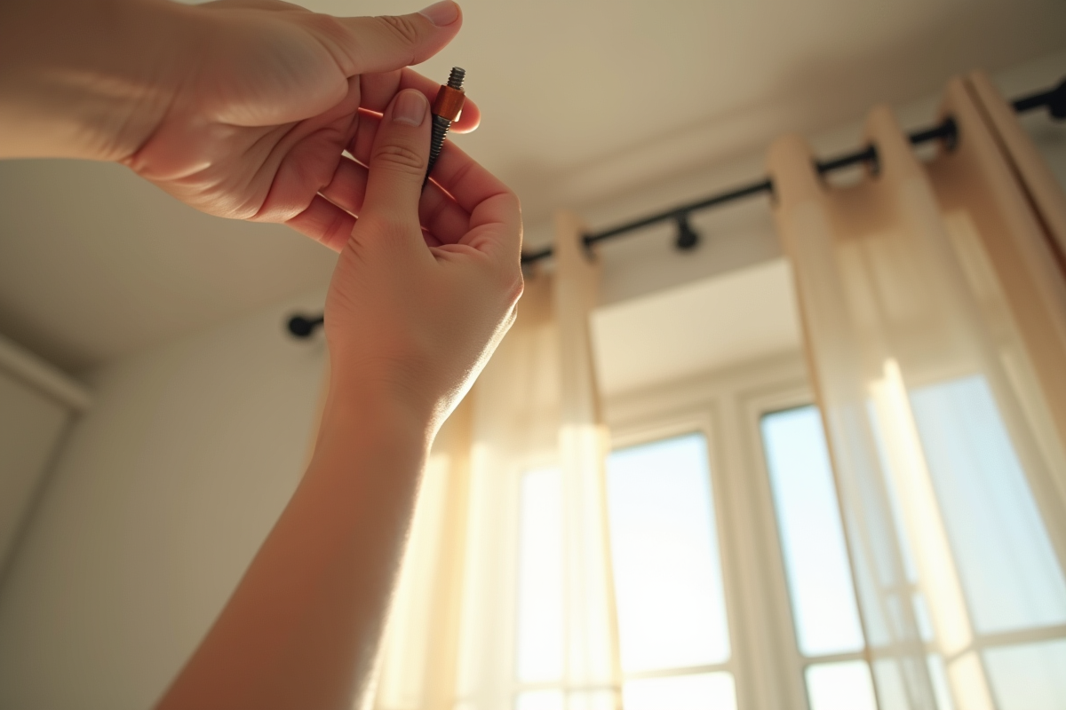 Mains serrant des vis sur une tringle de rideau au plafond