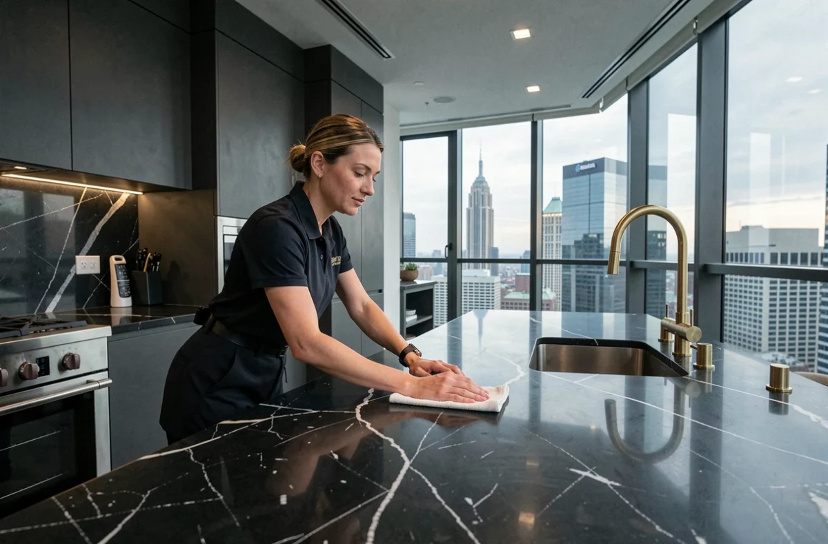 Professionnelle de nettoyage haut de gamme polissant un comptoir en marbre noir dans une cuisine moderne de penthouse
