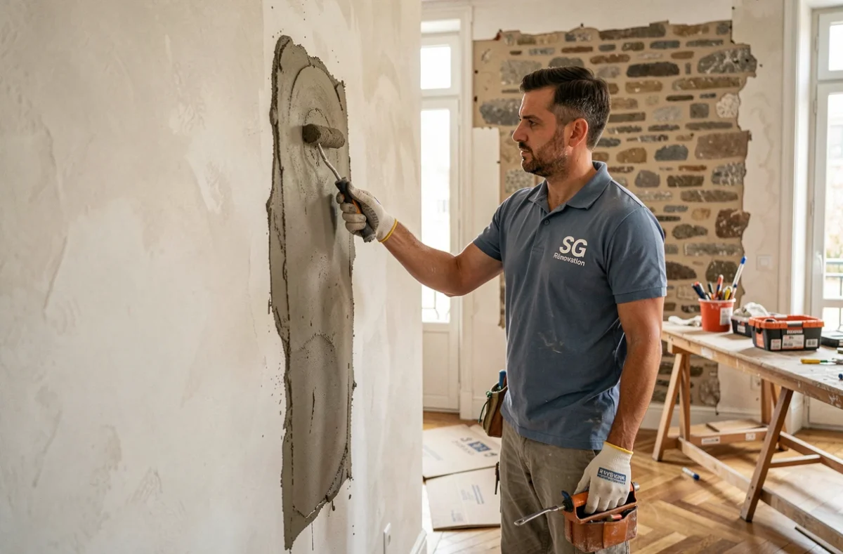 Un artisan de SG Rénovation appliquant du mortier sur un mur intérieur lors de travaux de rénovation dans un appartement parisien