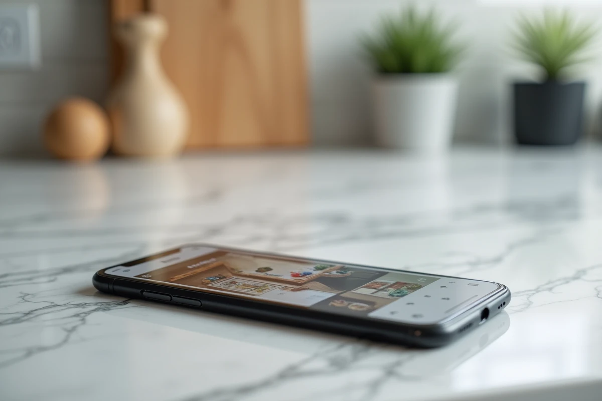Smartphone posé sur un plan de travail en marbre affichant un rendu réaliste de cuisine via une application de décoration mobile