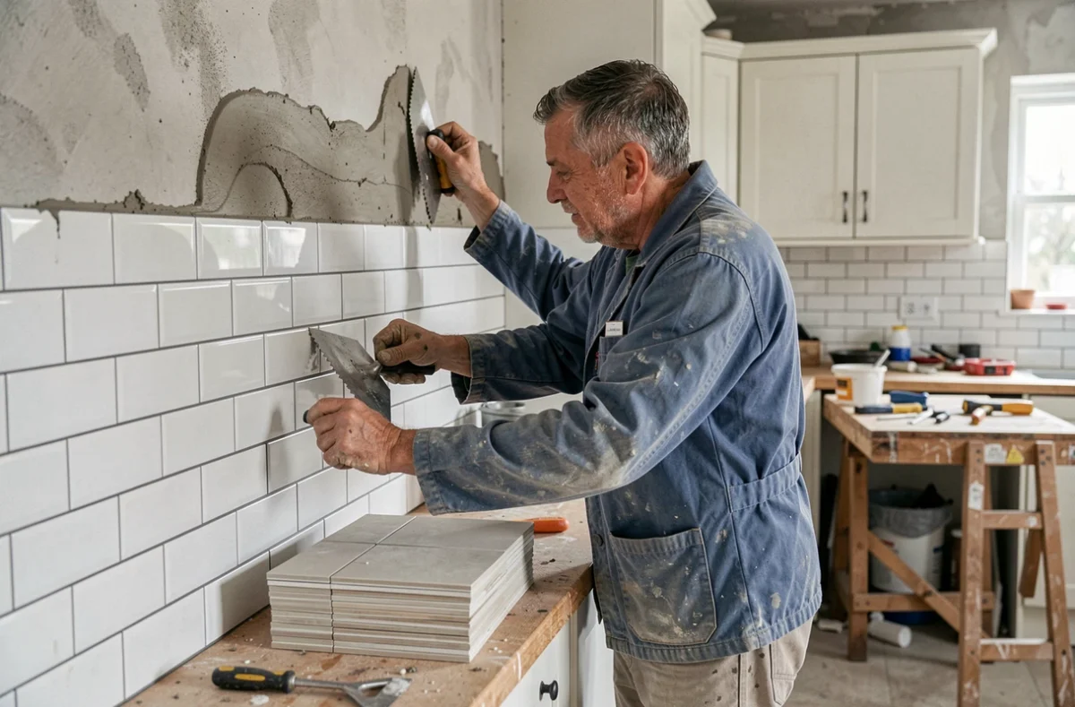Artisan de la Société Artisanale du Bâtiment posant un carrelage mural dans une cuisine en rénovation