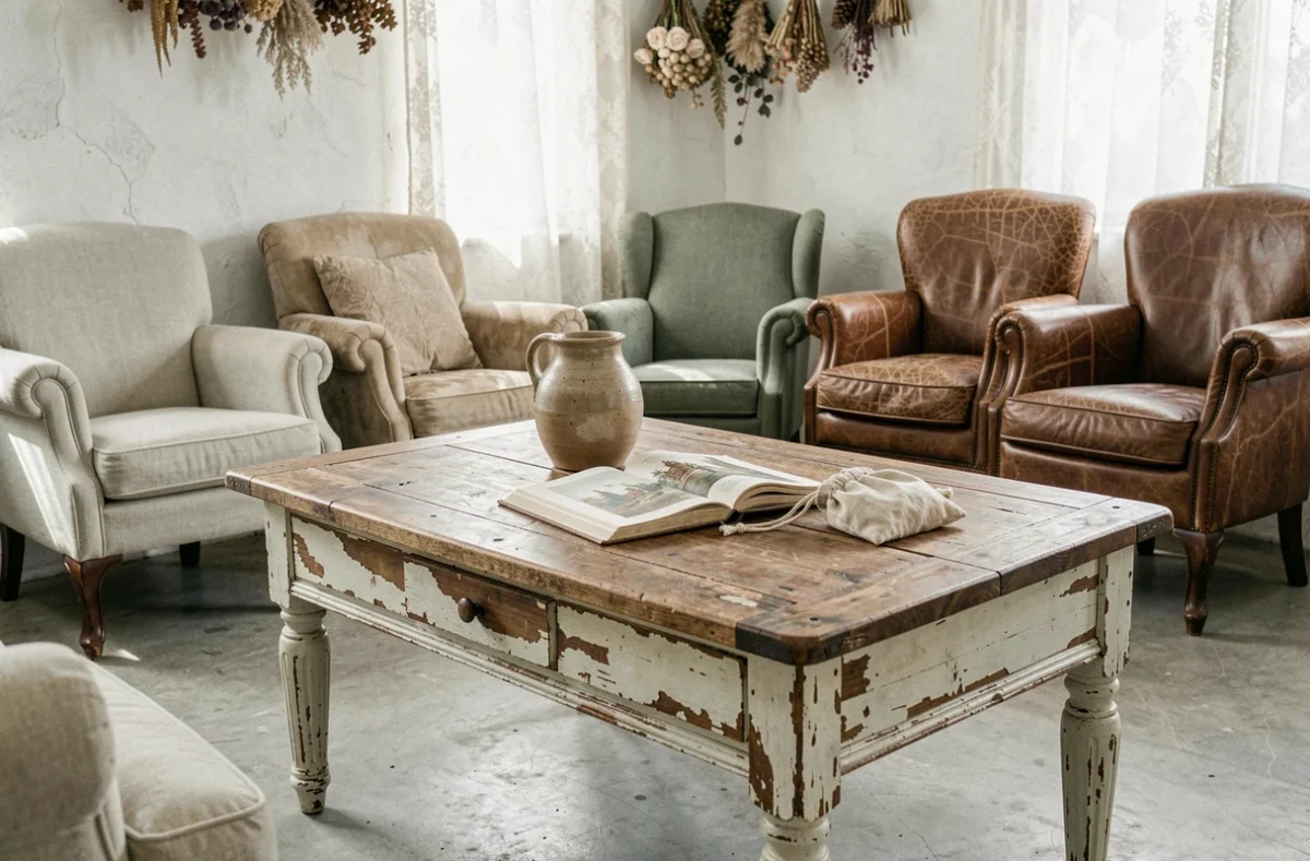 Table basse en chêne patiné style brocante entourée de fauteuils vintage dans un salon chaleureux