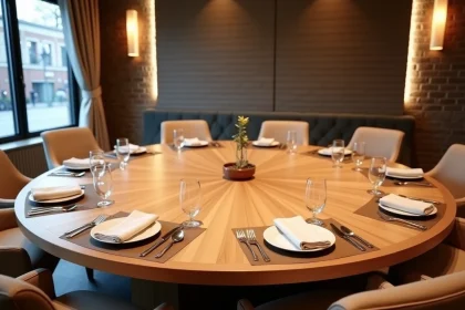 Grande table ronde de 180 cm de diamètre dressée pour 10 personnes dans une salle à manger contemporaine avec chaises rembourrées et vaisselle en céramique blanche