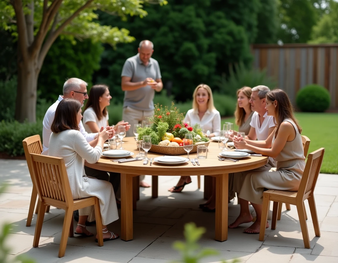 Repas en famille autour d'une grande table ronde en teck pour 10 personnes sur une terrasse en pierre avec jardin verdoyant en arrière-plan