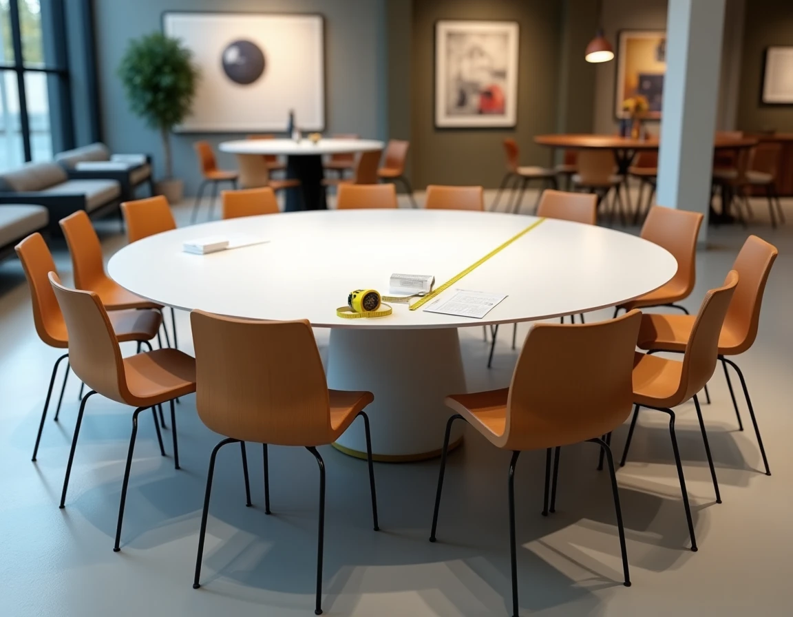 Showroom de meubles présentant une table ronde de 200 cm de diamètre entourée de dix chaises modernes en bois avec des fiches techniques posées dessus